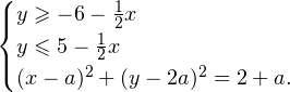 \[ \begin{cases} y\geqslant -6-\frac{1}{2}x\\ y\leqslant 5-\frac{1}{2}x\\ (x-a)^2+(y-2a)^2=2+a. \end{cases} \]
