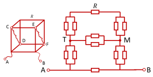 Эквивалентная схема для расчета сопротивления куба, включенного в цепи за прилежащие углы одной грани
