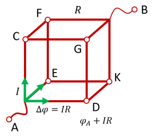 Сопротивление куба, подключенного в электрическую цепь за диаметрально противоположные вершины
