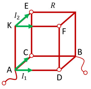 Проволочный куб с отводящими проводами от противоположных углов одной грани