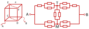 Эквивалентная схема проволочного куба, подключенного к источнику за противоположные углы одной грани
