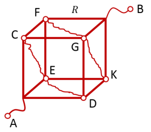 Соединяем точки с одинаковым потенциалом в кубе, подключённом в электрическую цепь за диаметрально противоположные углы