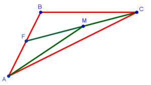 Рисунок к доказательству того, что сумма расстояний от любой точки внутри треугольника до двух его вершин меньше суммы сторон этого треугольника, опирающихся на эти вершины
