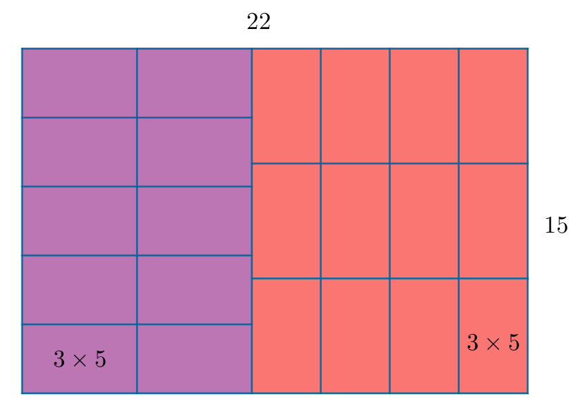 Способ разбиения прямоугольника 22x15 на прямоугольники 3x5 из задачи вступительного экзамена по математике в 5 класс школы 1329 города Москвы